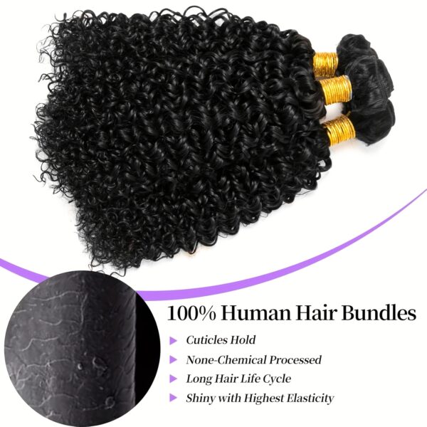 3 Bundles Natural Black/ Dark Brown Kinky Curly Human Hair - Voluminous Waves & Defined Curls, Heavy Duty Wefts for Women's Hair Extensions, Virgin/Non-Virgin Hair, Suitable for All Beige Tones (Natural Brown/Blonde/Red Highlights), Easy to Style with Hea