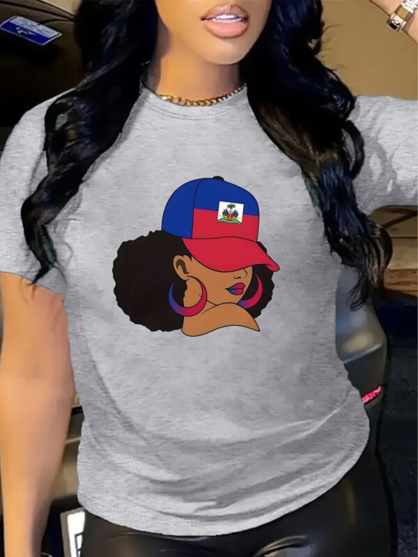 1pc Women'S Haitian Culture Graphic T-Shirt - Vibrant Patriotic Design with Haitian Flag & Female Silhouette, Green Casual Tee for Cultural Pride, Festivals, or Everyday Fashion, Perfect Gift for Women, Festival Attire, Bold Statement Piece, Comfortable F
