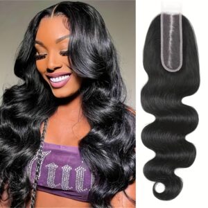 2x6 HD Lace Closure Human Hair Wig - 45.72cm Brazilian Virgin Hair 100% Real Body Wave (Kim K Style) with Pre-Plucked Baby Hair & Transparent Lace Front/Back, Natural Black Brown Color for, Middle Part, No Glue Needed