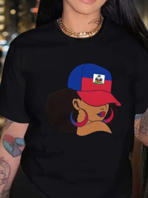 8621adbd-2514-4cd4-9b0a-569db036dc82.jpg 1pc Women'S Haitian Culture Graphic T-Shirt - Vibrant Patriotic Design with Haitian Flag & Female Silhouette, Green Casual Tee for Cultural Pride, Festivals, or Everyday Fashion, Perfect Gift for Women, Festival Attire, Bold Statement Piece, Comfortable F