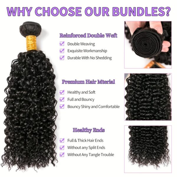 3 Bundles Natural Black/ Dark Brown Kinky Curly Human Hair - Voluminous Waves & Defined Curls, Heavy Duty Wefts for Women's Hair Extensions, Virgin/Non-Virgin Hair, Suitable for All Beige Tones (Natural Brown/Blonde/Red Highlights), Easy to Style with Hea