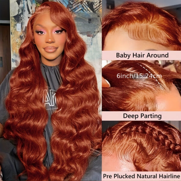 89370230-f40e-11ef-9787-0a580a66d8f5-2.jpg Luxurious Reddish Brown Body Wave Lace Front Wig - 13x6 Glueless Human Hair, 150% Density, Pre-Plucked with Baby Hair for Women, Natural Look, Comfortable Fit, Perfect for Everyday or Special Occasions, Comfortable Hairpiece | Voluminous Wig Style | Silky