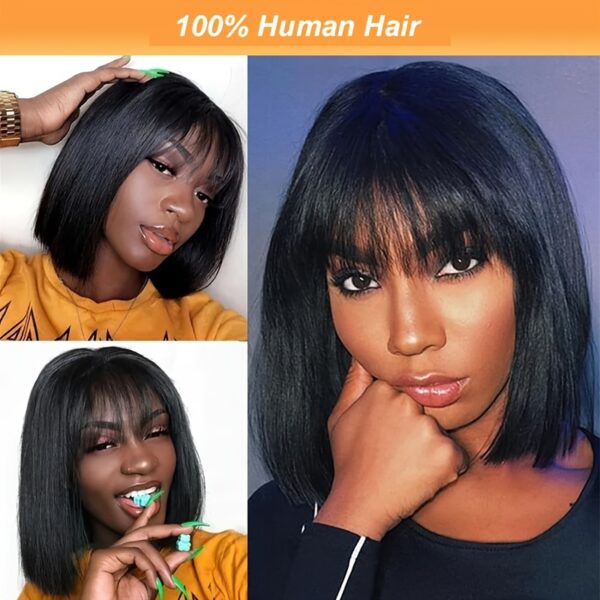 Elegant Bob Wig with Bangs, 100% Human Hair, 20.32-35.56cm Straight, Rose Net Cap, 150% Density, Women'S Hairpiece, No Lace, Easy Install