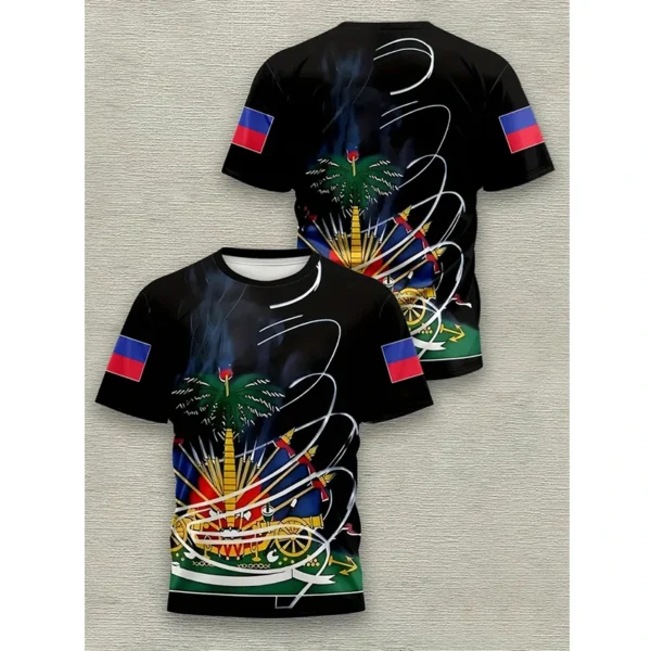 Haiti Men's T-shirts Casual Loose Round Neck Haitian Flag Short Sleeved Tops Tees Men's Clothing Oversized T shirts Streetwear