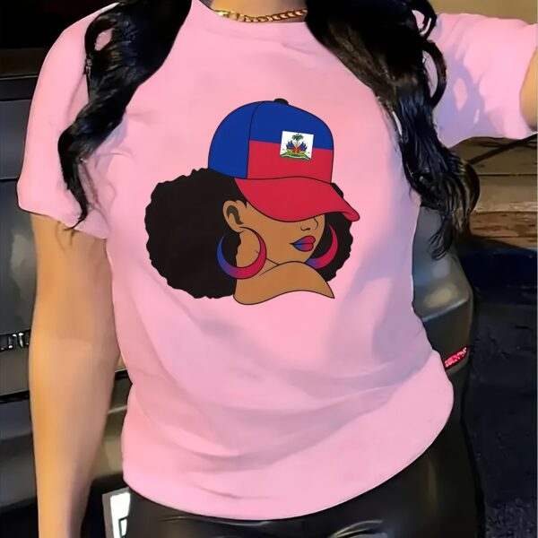 1pc Women'S Haitian Culture Graphic T-Shirt - Vibrant Patriotic Design with Haitian Flag & Female Silhouette, Green Casual Tee for Cultural Pride, Festivals, or Everyday Fashion, Perfect Gift for Women, Festival Attire, Bold Statement Piece, Comfortable F