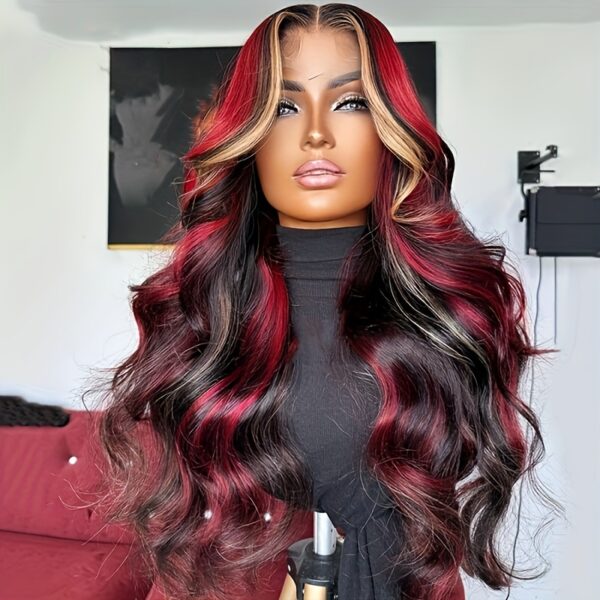 ad658f278097b9c32e588cafcd6e7321.jpg Women'S Brazilian Remy Human Hair Wig - Natural Look Body Wave with Red Highlights, Pre-Plucked Frontal Hairline, Density, Transparent Lace Front (13x4) - for Parties, Work, Everyday - Blonde Red Hair - Perfect Gift for Halloween, Birthdays, Anniversaries