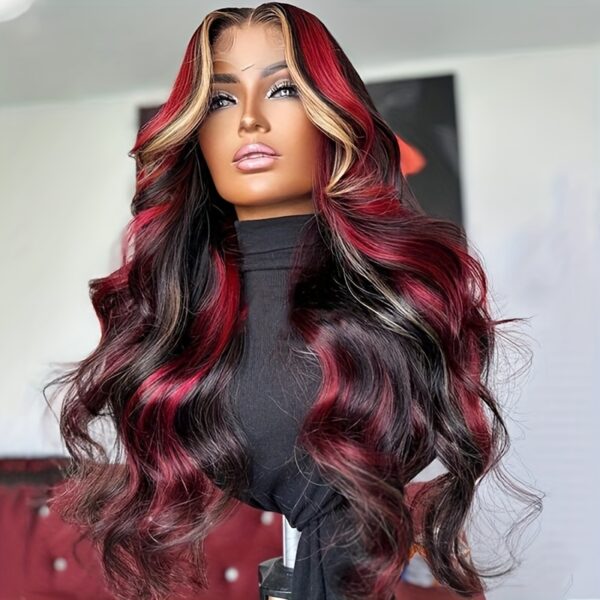 bce777aad3424c39f3a13bdfb8c55b0f.jpg Women'S Brazilian Remy Human Hair Wig - Natural Look Body Wave with Red Highlights, Pre-Plucked Frontal Hairline, Density, Transparent Lace Front (13x4) - for Parties, Work, Everyday - Blonde Red Hair - Perfect Gift for Halloween, Birthdays, Anniversaries