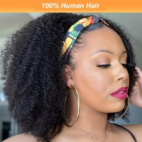 Afro Kinky Curly Human Hair Headband Wig for - 150% Density Brazilian Remy Hair, 100% Machine-Made Rose Net Cap, Natural Look & Versatile Styling for All Ethnicities, Hair Wig