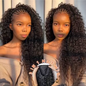 3In 1 Half Wig Human Hair Deep Wave Glueless Wig Human Hair Ready to Wear 3In 1 Half Wig with Drawstring Half Wig, Elegant Style, Rose Net Cap, Natural Look, Versatile Hairpiece, Fashion Accessory, Sleek Hairpiece, Secure Fit Cap, Fashion Lovers