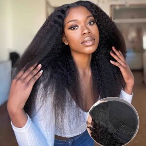 180% Density Kinky Straight Human Hair Wig with Adjustable Drawstring 3-in-1 Half Wig, Rose Net Cap & Natural Hairline - Machine-Made for Women, All Ethnicities