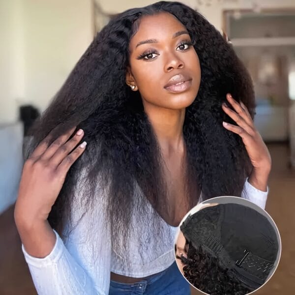 c469781f-e5ff-414c-8d80-0a4c0c5477b8-1.jpg 180% Density Kinky Straight Human Hair Wig with Adjustable Drawstring 3-in-1 Half Wig, Rose Net Cap & Natural Hairline - Machine-Made for Women, All Ethnicities