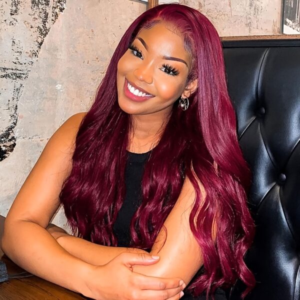 99J Burgundy Human Hair Lace Front Wig 13x6 HD Transparent Lace 150% Density Body Wave Pre-Plucked with Baby Hair - Wet & Wavy Red Curly Wig for Women, All Ethnicities