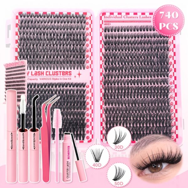 740/200pcs DIY Lash Clusters Eyelash Extension Kit, 2-in-1 Lash Bond, Tweezers, Glue Remover, Lash Brush, 30D+40D+50D 9-16mm Mix Lash Clusters for Beginner DIY At Home And Reusable for Daily Wear & Party & Halloween & Christmas