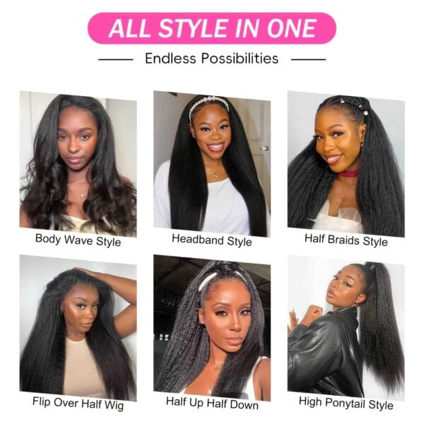 c8d1124b-7cec-469e-a06a-1a03fb40ed0e.jpg 180% Density Kinky Straight Human Hair Wig with Adjustable Drawstring 3-in-1 Half Wig, Rose Net Cap & Natural Hairline - Machine-Made for Women, All Ethnicities