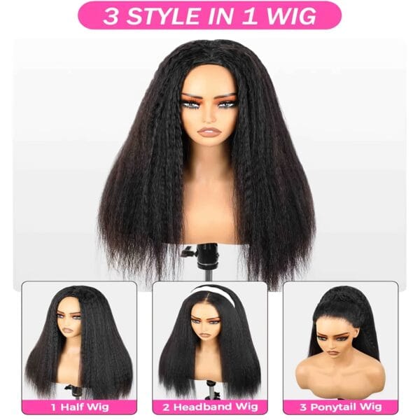 d2783247-17fd-40df-9cfe-9d4fb12f580f.jpg 180% Density Kinky Straight Human Hair Wig with Adjustable Drawstring 3-in-1 Half Wig, Rose Net Cap & Natural Hairline - Machine-Made for Women, All Ethnicities