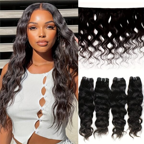 KIMO BEAUTY 4 Bundles Human Hair Extensions Virgin Hair Unprocessed Natural Black/Blonde/Red/Brown Waves (4 Colors Available) - 100% for Women, Clip-In/Ring/Rod/Sew-In, Volume & Length, No Chemicals, Multi-Texture Bundles