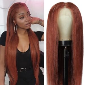 13x4 Reddish Brown Straight Human Hair Wig - Transparent Lace Front, Pre-Plucked, 150% Density, #33 Shade for Women, Elegant Style for All Ethnicities
