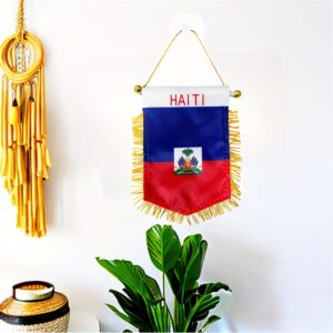 e77d7c90-f135-480d-abf3-d36c3f4a23d4.jpg Haiti National Flag - Double-Sided, Fringed Hanging Banner with Suction Cup for Car Rearview Mirror & Window Decor, Durable Polyester, 14.99x9.91 cm