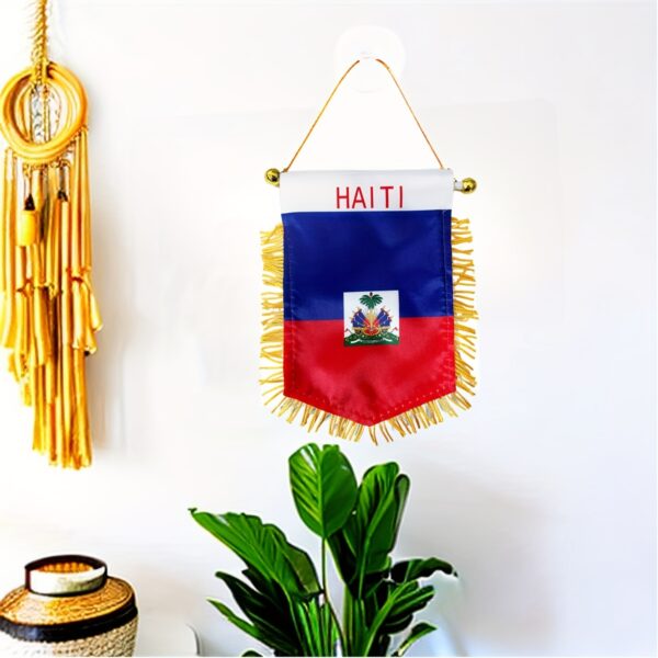 Haiti National Flag - Double-Sided, Fringed Hanging Banner with Suction Cup for Car Rearview Mirror & Window Decor, Durable Polyester, 14.99x9.91 cm