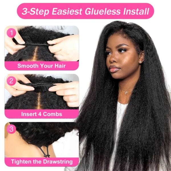 ebc5fef2-0476-4e56-aebb-5b38578ffad1.jpg 180% Density Kinky Straight Human Hair Wig with Adjustable Drawstring 3-in-1 Half Wig, Rose Net Cap & Natural Hairline - Machine-Made for Women, All Ethnicities