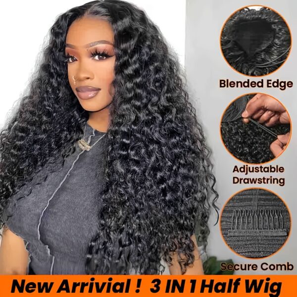 3In 1 Half Wig Human Hair Deep Wave Glueless Wig Human Hair Ready to Wear 3In 1 Half Wig with Drawstring Half Wig, Elegant Style, Rose Net Cap, Natural Look, Versatile Hairpiece, Fashion Accessory, Sleek Hairpiece, Secure Fit Cap, Fashion Lovers