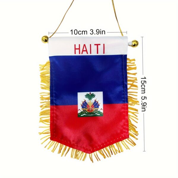 Haiti National Flag - Double-Sided, Fringed Hanging Banner with Suction Cup for Car Rearview Mirror & Window Decor, Durable Polyester, 14.99x9.91 cm