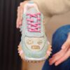 Women's Thick-Sole Casual Sneakers - Shiny Rhinestone Elements Low-Top Lace-Up Design, Hand-Sewn Rhinestone Embellishments, Light Blue Fabric with Rose Red Laces for a Fashionable and Sophisticated Look, Comfortable Lining, Durable Sole, All-Season