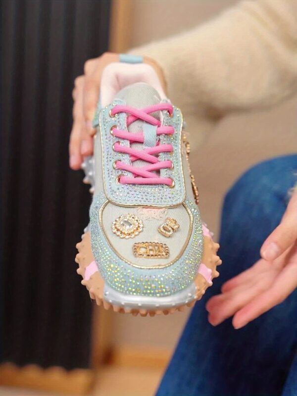 Women's Thick-Sole Casual Sneakers - Shiny Rhinestone Elements Low-Top Lace-Up Design, Hand-Sewn Rhinestone Embellishments, Light Blue Fabric with Rose Red Laces for a Fashionable and Sophisticated Look, Comfortable Lining, Durable Sole, All-Season
