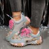 Women's Thick-Sole Casual Sneakers - Shiny Rhinestone Elements Low-Top Lace-Up Design, Hand-Sewn Rhinestone Embellishments, Light Blue Fabric with Rose Red Laces for a Fashionable and Sophisticated Look, Comfortable Lining, Durable Sole, All-Season