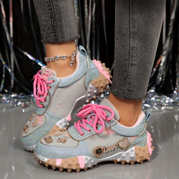 Women's Thick-Sole Casual Sneakers - Shiny Rhinestone Elements Low-Top Lace-Up Design, Hand-Sewn Rhinestone Embellishments, Light Blue Fabric with Rose Red Laces for a Fashionable and Sophisticated Look, Comfortable Lining, Durable Sole, All-Season