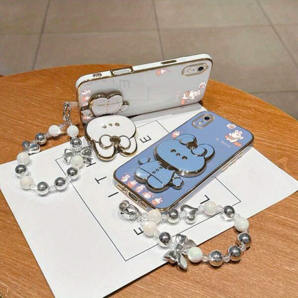 Phone Holder Case with a Pearl Strap from The XR Fashion Series, Designed for Iphone XR, Featuring a Stylish Plating Cover And a Cheerful Summer Orange Rabbit Design.