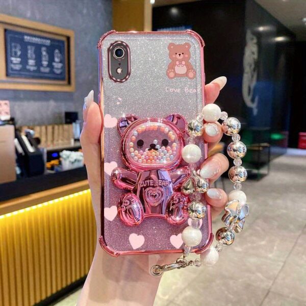 Pearl Wrist Strap Lanyard Magnetic Glitter Luxury Love Heart Bear Phone Holder Case for Compatible with iPhone XR Anti-knock Shock Proof Stand Mixed set Back Cover