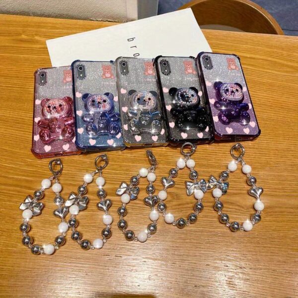 Pearl Wrist Strap Lanyard Magnetic Glitter Luxury Love Heart Bear Phone Holder Case for Compatible with iPhone XR Anti-knock Shock Proof Stand Mixed set Back Cover