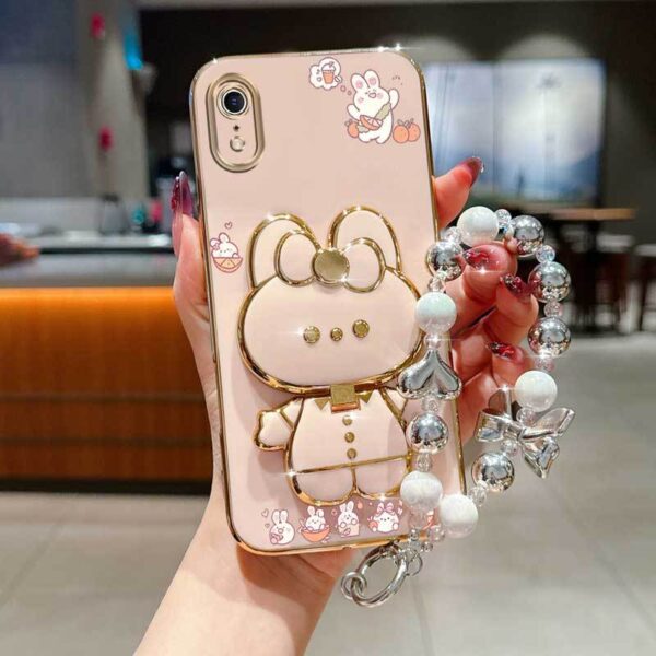 Phone Holder Case with a Pearl Strap from The XR Fashion Series, Designed for Iphone XR, Featuring a Stylish Plating Cover And a Cheerful Summer Orange Rabbit Design.
