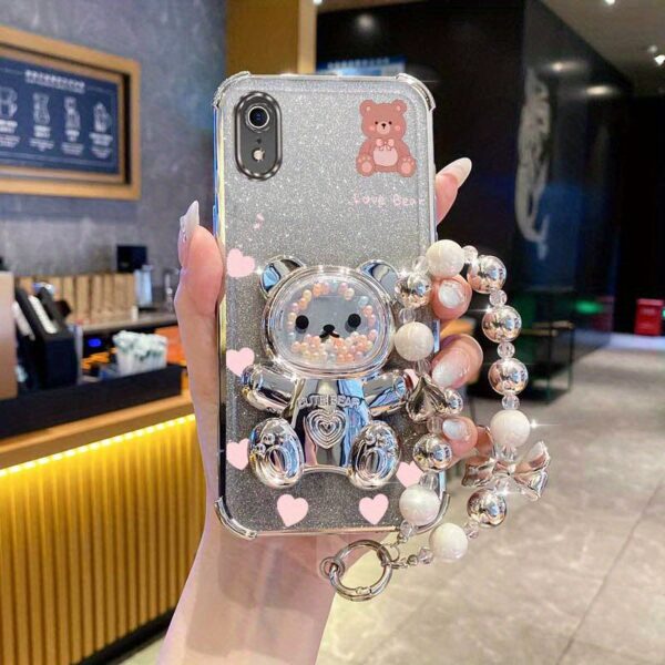 Pearl Wrist Strap Lanyard Magnetic Glitter Luxury Love Heart Bear Phone Holder Case for Compatible with iPhone XR Anti-knock Shock Proof Stand Mixed set Back Cover