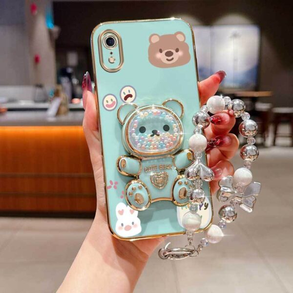 XR Cute Rabbit Bear Plating Pearl Strap Lanyard Phone Holder Case with Durable Cover for iPhone XR
