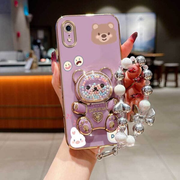 XR Cute Rabbit Bear Plating Pearl Strap Lanyard Phone Holder Case with Durable Cover for iPhone XR