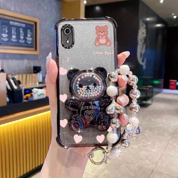 Pearl Wrist Strap Lanyard Magnetic Glitter Luxury Love Heart Bear Phone Holder Case for Compatible with iPhone XR Anti-knock Shock Proof Stand Mixed set Back Cover