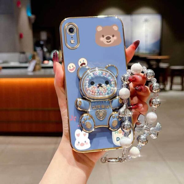 XR Cute Rabbit Bear Plating Pearl Strap Lanyard Phone Holder Case with Durable Cover for iPhone XR