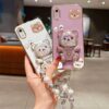 XR Cute Rabbit Bear Plating Pearl Strap Lanyard Phone Holder Case with Durable Cover for iPhone XR