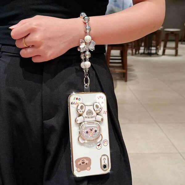 XR Cute Rabbit Bear Plating Pearl Strap Lanyard Phone Holder Case with Durable Cover for iPhone XR