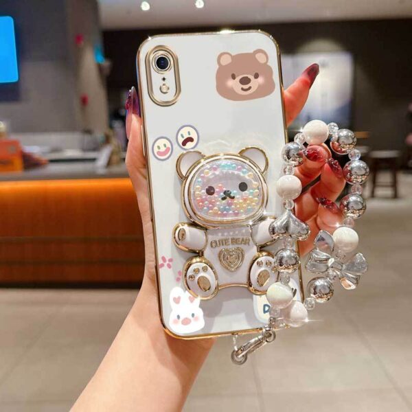 XR Cute Rabbit Bear Plating Pearl Strap Lanyard Phone Holder Case with Durable Cover for iPhone XR