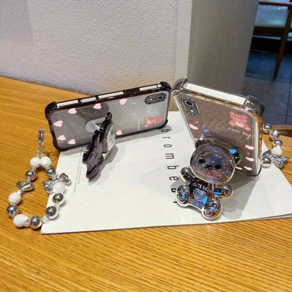 Pearl Wrist Strap Lanyard Magnetic Glitter Luxury Love Heart Bear Phone Holder Case for Compatible with iPhone XR Anti-knock Shock Proof Stand Mixed set Back Cover