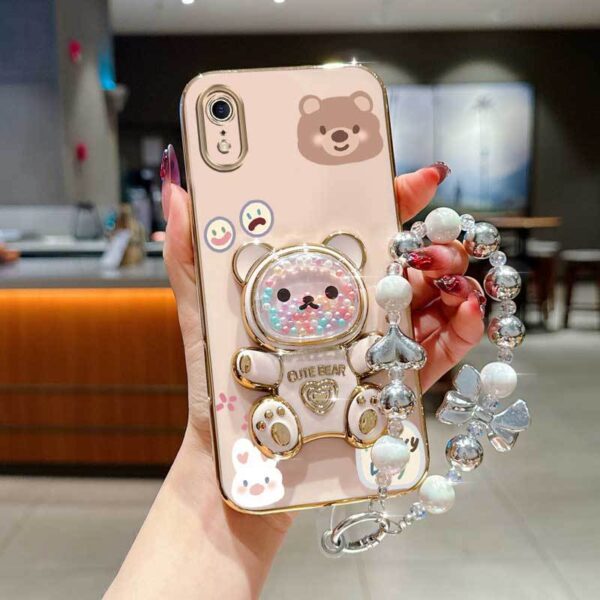 XR Cute Rabbit Bear Plating Pearl Strap Lanyard Phone Holder Case with Durable Cover for iPhone XR