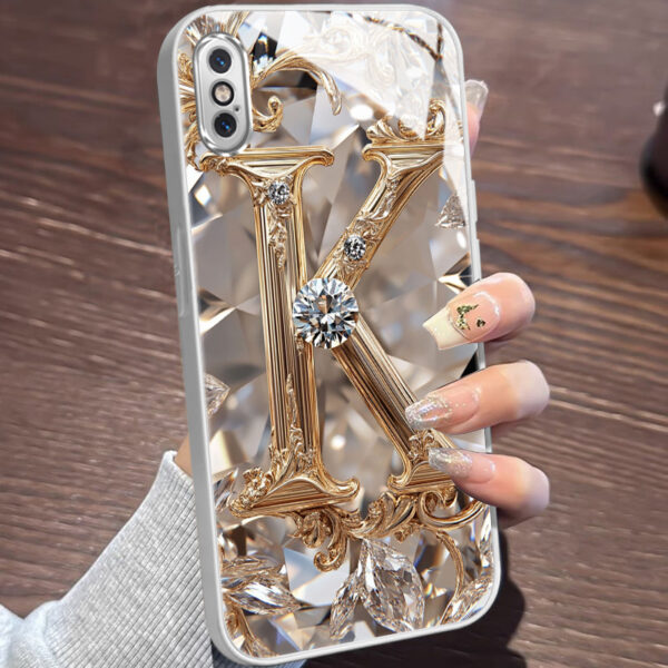 e600c0533f0b4875b6da5c4d399ae985-goods.jpeg A Robust And Durable Golden Diamond Letter Case Designed for Various for iphone Models, Including X, XR, Xs Max, 8, 7 Plus, And 6S SE, Featuring Electroplated Glass for Shockproof Drop Protection.