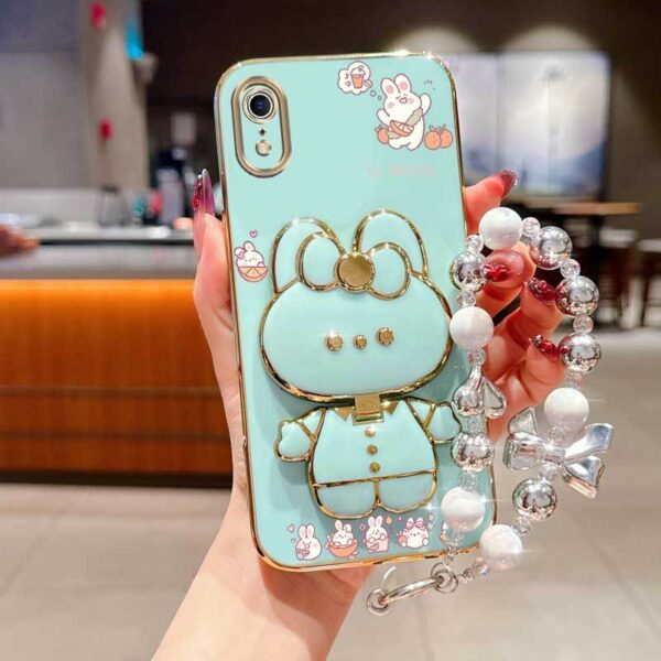 Phone Holder Case with a Pearl Strap from The XR Fashion Series, Designed for Iphone XR, Featuring a Stylish Plating Cover And a Cheerful Summer Orange Rabbit Design.